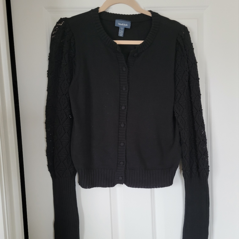 Modcloth cropped cardigan with crocheted long sleeves